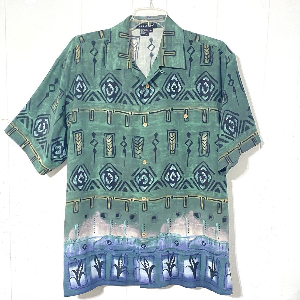Vintage Tulliano XL 100% Silk Men’s Button Short Sleeve Shirt Green Abstract